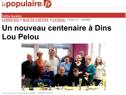 Un nouveau centenaire à Dins Lou Pelou - Le populaire 19/05/15