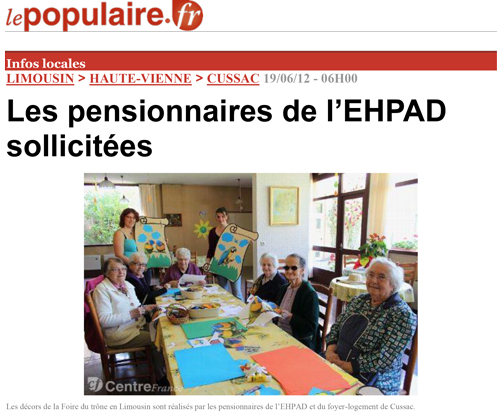 Les pensionnaires de l’EHPAD sollicitées - Le populaire 19/06/12